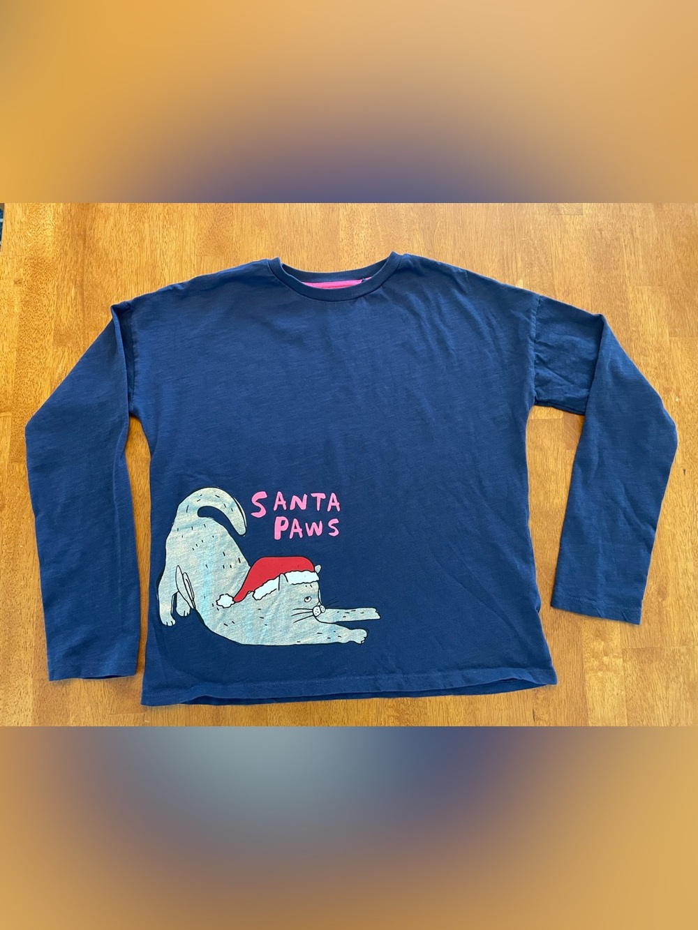 Mini Boden “Santa Paws” Cat Graphic T-Shirt - Navy with Pink and Red Accents